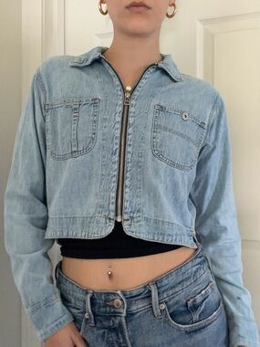 Vintage Cropped Light Wash Denim Zip Jacket